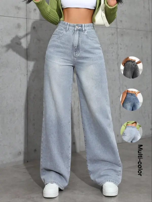 Women's Plain Wide Leg Denim Jeans, Casual Comfy Pocket Button Fly Trousers for Daily Wear, Ladies Bottoms for All Seasons, Pants, High Rise Jeans 6