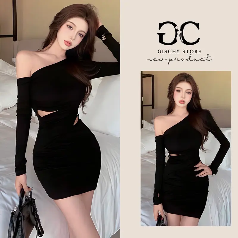 GISCHY-GC02-Váy Đầm Body Nữ  GYSCHY Thiết Kế Lệch Vai Khoét Eo Dáng Ôm Thời Trang Quyến Rũ Màu Đen Women Dress Khuy 0