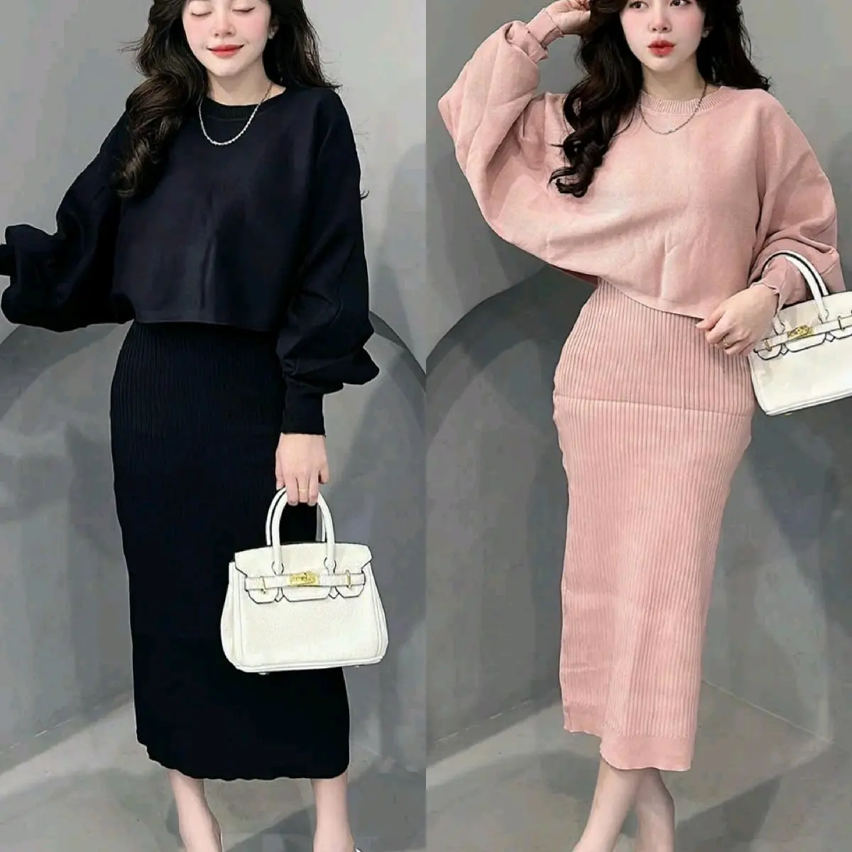 Set len áo tay dơi bo phồng kèm đầm len tăm dài thời trang nữ thu đông Women