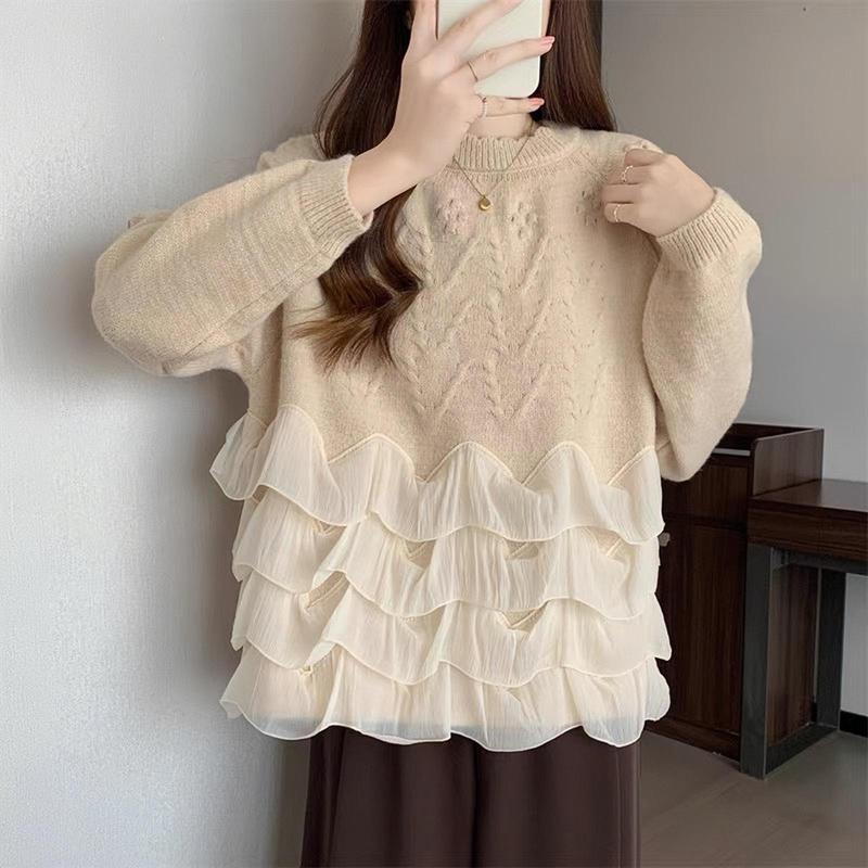 (HÀNG QC) Áo len kiểu nữ tiểu thư chất dệt kim viền bèo tua rua dáng sweater voan tơ kem xinh cổ tròn tay dài thu đông Hàn Quốc Kozoda AL112A Women Voi