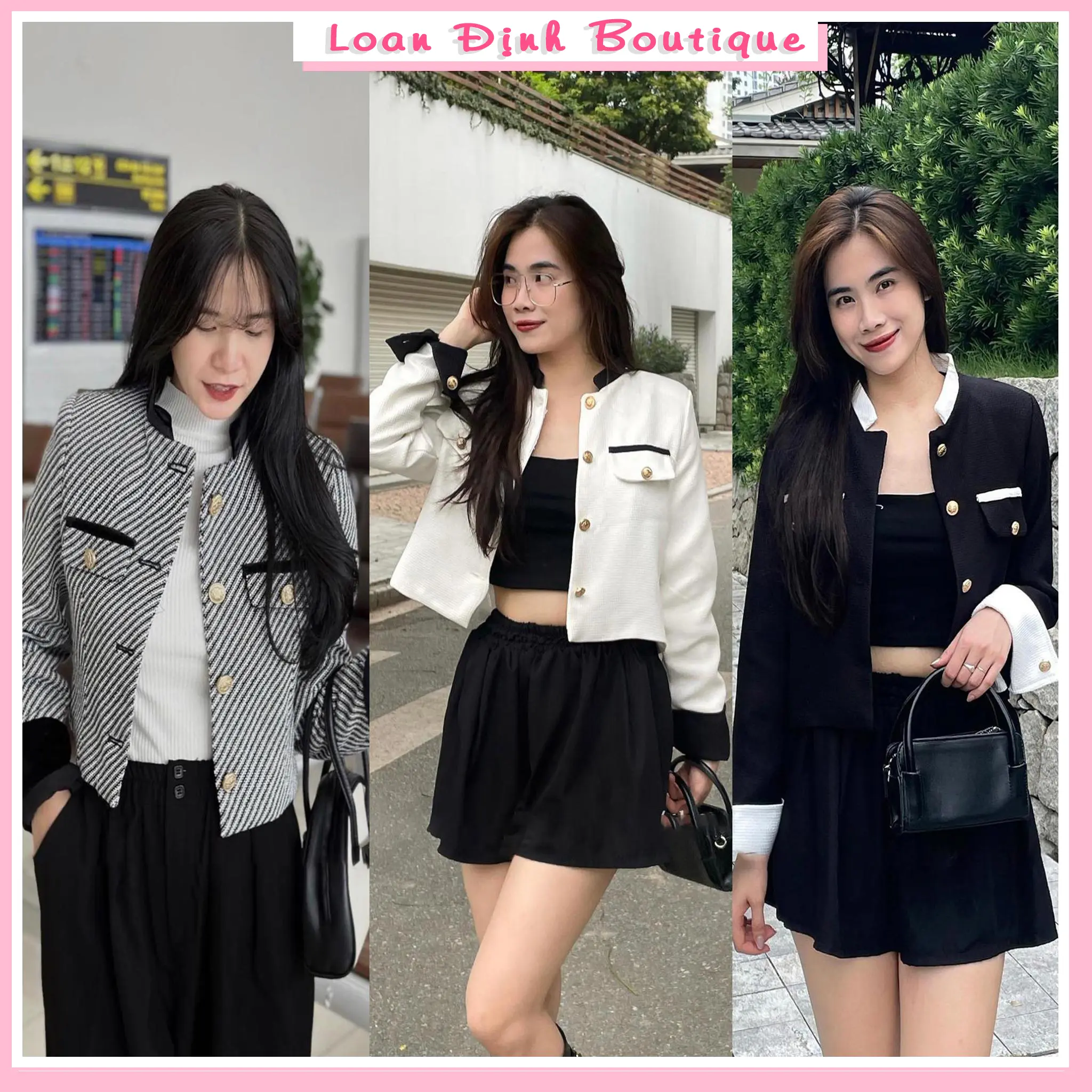 Áo Dạ Kẻ Đen Trắng Kem 4 Màu Cổ Tàu Phối Tay Cúc Đồng Áo Tweed Nữ Công Sở Sang Chảnh 2 Lớp Loan Định Boutique LD043 Top Women Thun Jacket