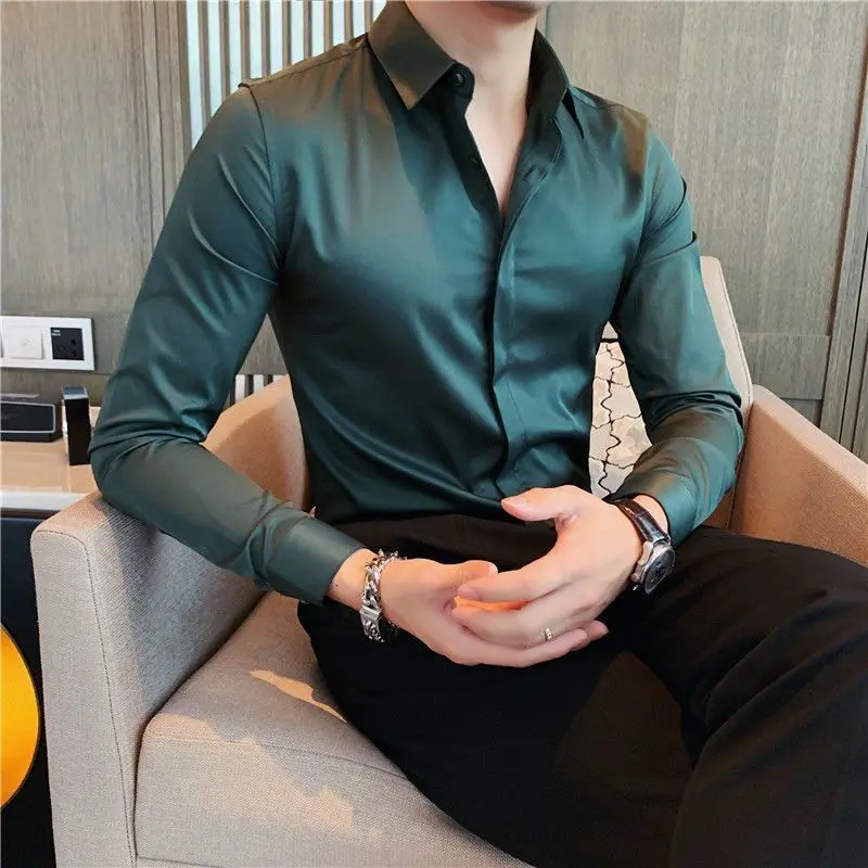 Áo Sơ Mi Dài Tay Cho Nam, Áo Công Sở Thường Ngày, Lụa Băng, Không Sắt, Mỏng, Màu Trắng, Móc Ẩn, Thời Trang, Mùa Xuân Và Mùa Hè, Mới