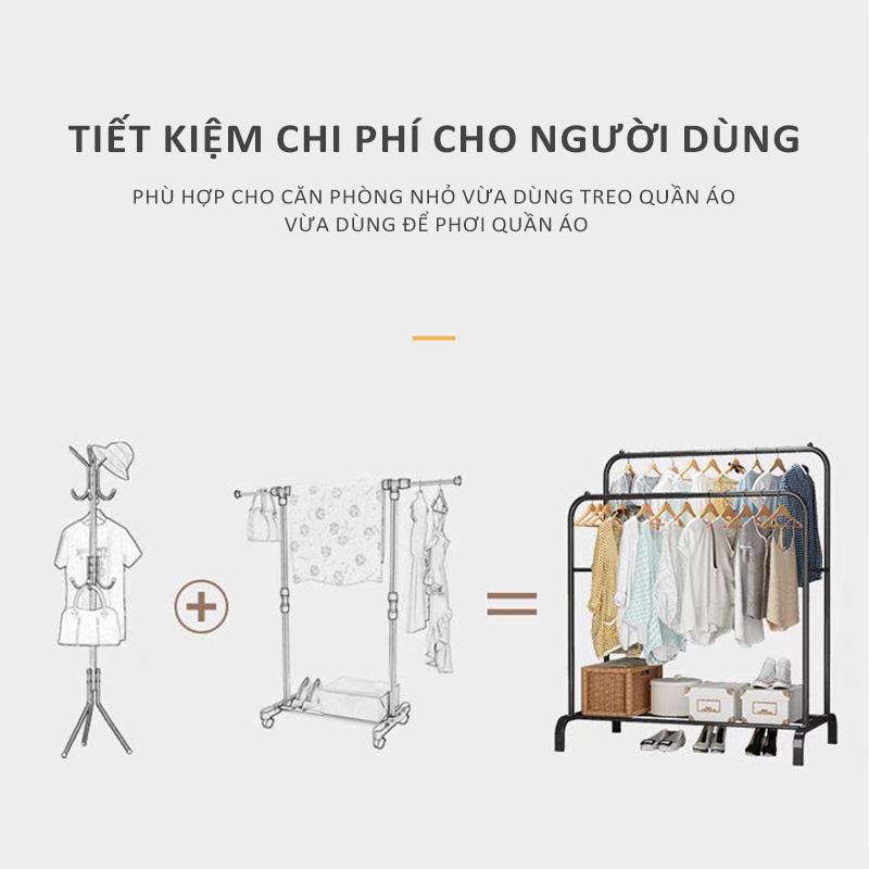 Product Introduction of Giá phơi quần áo hai tầng đa năng, hai thanh treo chịu lực tốt, chất liệu kim loại chắc chắn, giá đựng giày và giá treo quần áo đa năng tiện lợi, lắp ráp đơn giản, tiện lợi 11