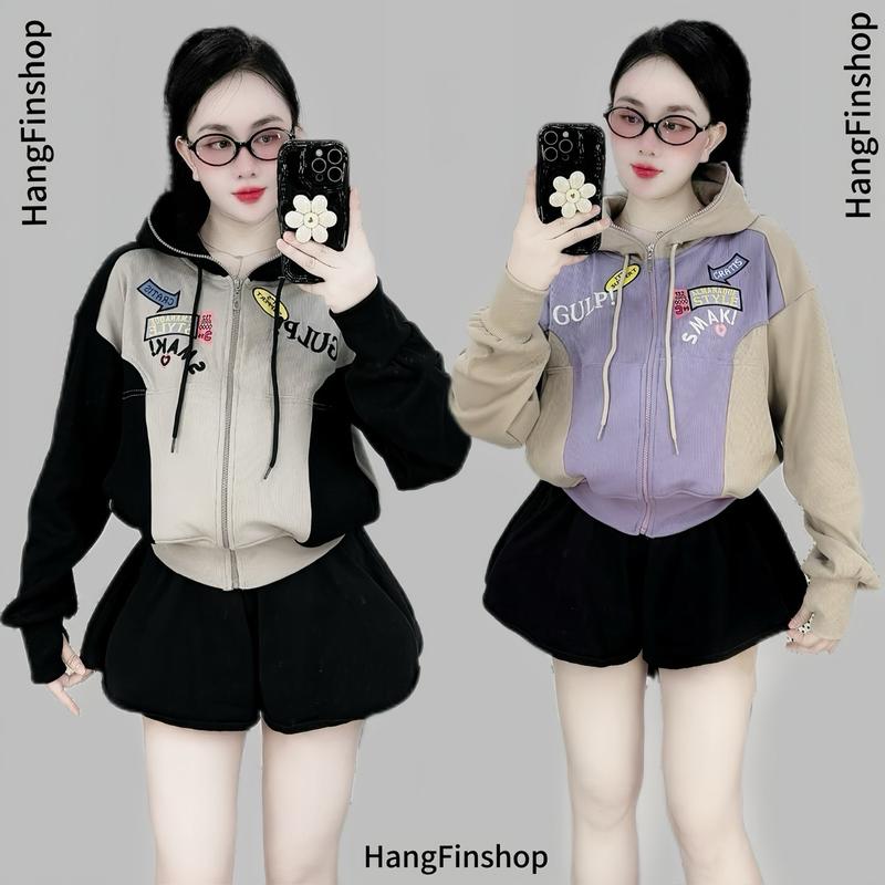 Áo Khoác Croptop thun gân Thêu Chữ Mix Màu Cực Yêu, bao xinh, 6 túi by HangFinshop