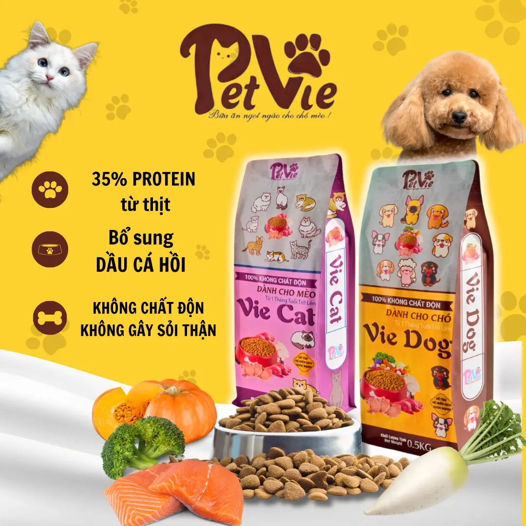 1KG Hạt chó mèo PetVie, dòng cao cấp dinh dưỡng cao, bổ sung rau củ và dầu cá hồi