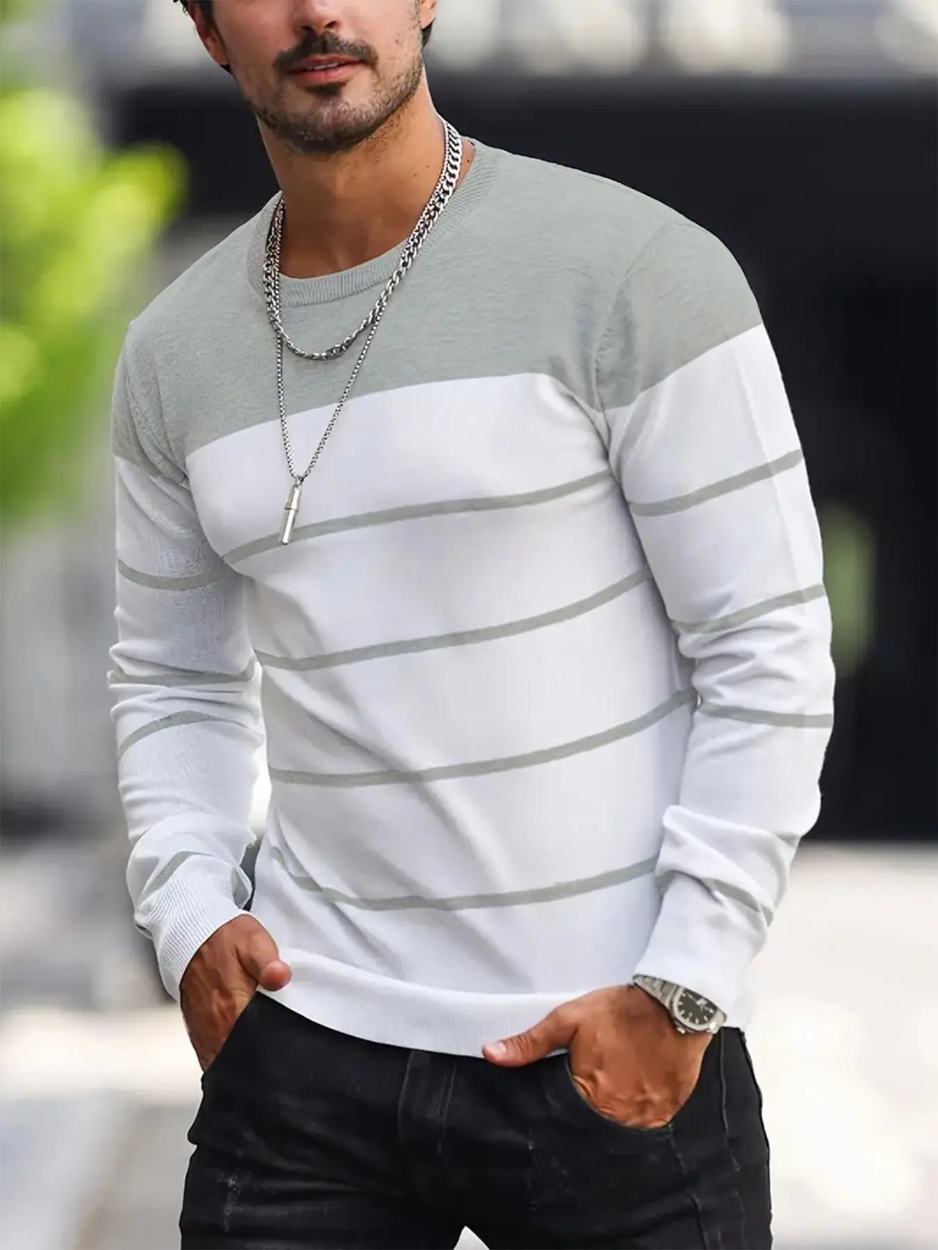 Men's Colorblock Striped Print Round Neck Sweater, Regular Fit Casual Long Sleeve Crew Neck Jumper for Fall & Winter, Fashion Men's Knitwear for Daily Wear