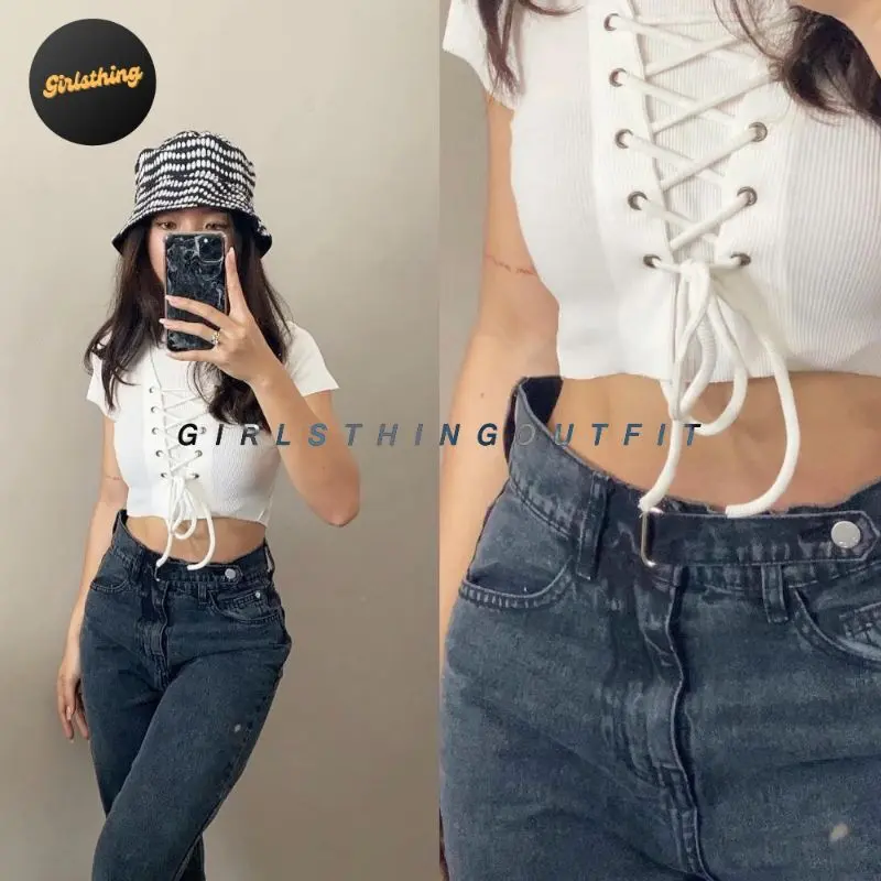 Crop Top - RENA - Lace Up Top - Eyelets - Atasan Wanita - Fashion Wanita Rib