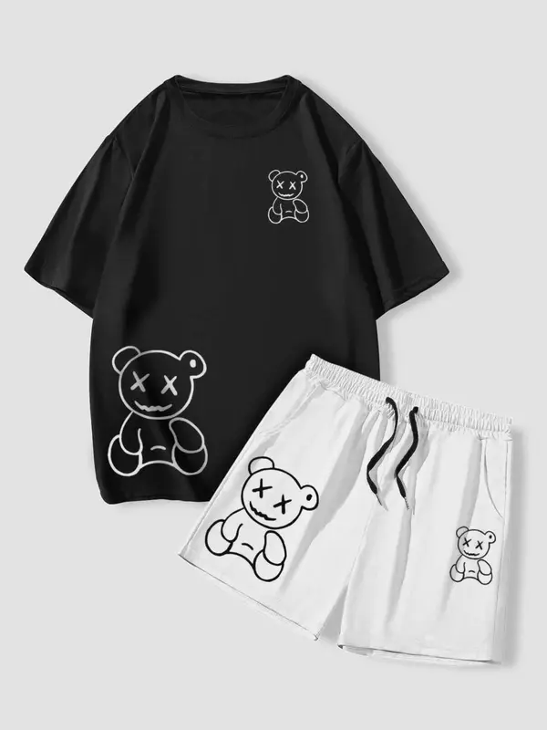 Two-Piece Set Men's Regular Fit Bear Print Tee & Shorts, Crew Neck Short Sleeve T-Shirt & Track Shorts, Casual Top & Sweat Shorts, Men's Clothing for Spring & Fall 1