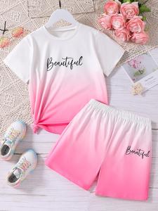 Girl's Letter Print Tee & Shorts Two-piece Set, Cute Casual Round Neck Short Sleeve T-shirt & Track Shorts for Summer, Kids Clothes for Daily Wear, Outfit