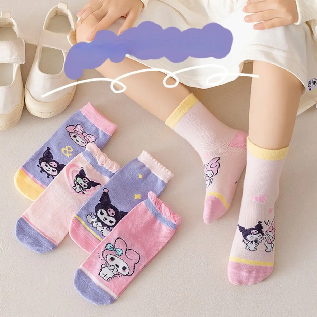5pcs Kuromi Kids Socks Autumn Mid Tube Cotton Socks Trend Versatile Girls' Socks Versatile Baby Socks Cartoon