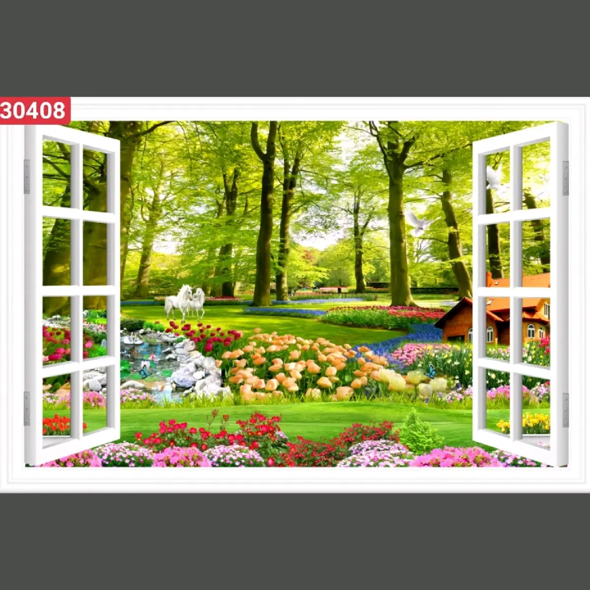 Tranh cửa sổ 3D dán tường in trên vải lụa (shop sẽ gửi kèm keo dán)
