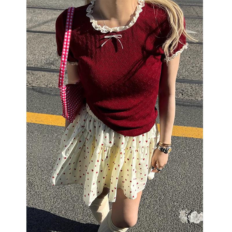 Áo len mỏng cộc tay mongtoghi phối ren và nơ peonyb - Baby tee kiểu dáng bánh bèo tiểu thư hotgirl phong cách hàn quốc đẹp