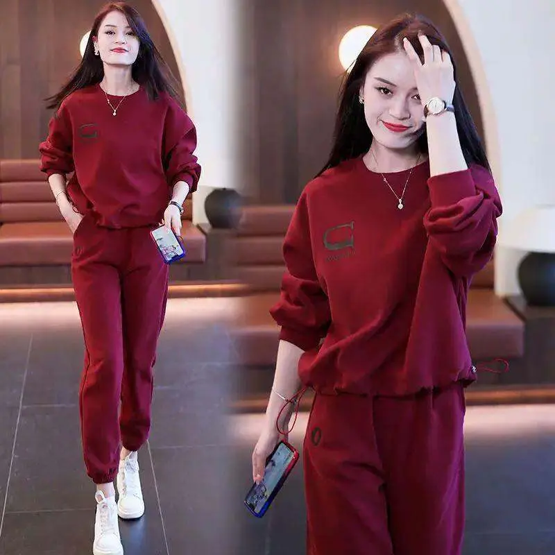 Leisure Sports Set Women 2024 New Fashion Korean Edition Loose Round Neck Large Sweater Two Piece Set