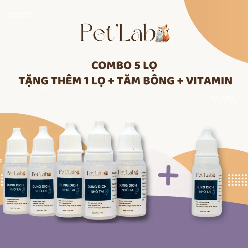Dung Dịch Nhỏ Rận Tai Cho Chó Mèo PET'LAB có tác dụng làm sạch tai, xử lý rận tai, viêm tai [ Mua 4 lọ tặng 1 lọ ] tặng kèm vitamin + tăm bông. 4