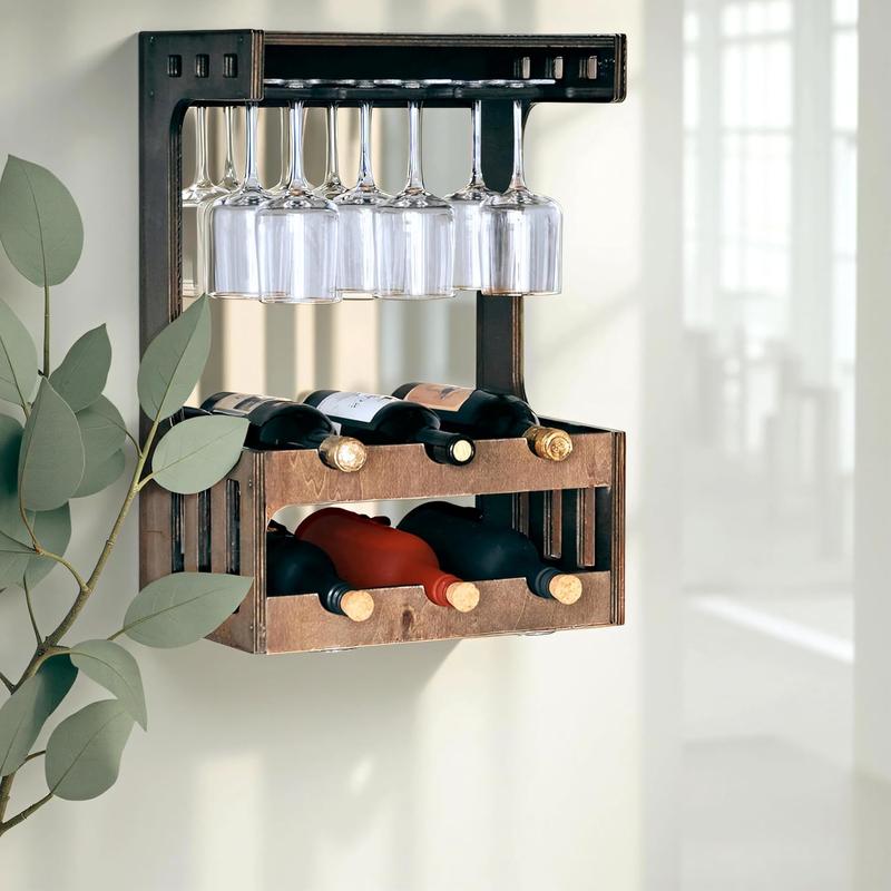 Local shipping-Wine Rack Free Standing | Natural Wooden Wine Racks with Glass Holder - Waterproof 6 Bottle Wine Rack Storage for Home Bar Kitchen - Wall Mountable 1