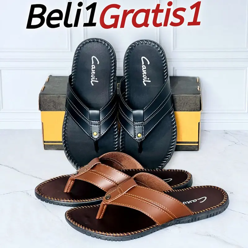 BELI 1 GRATIS 1 Sandal Kulit Pria Sendal Jepit Slop Selop Slide Slip On Cowok Kasual 4