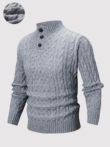 Men's Solid Cable Knit Button Front Pullover, Casual Regular Fit Long Sleeve Stand Collar Jumper for Fall & Winter, Men's Knitwear for Daily Wear
