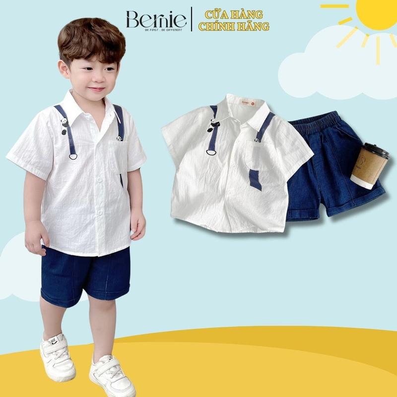 Set bộ sơ mi họa tiết gấu trúc cho bé trai kèm quần short jean size 1 đến 7 tuổi BERNIE 0124B17