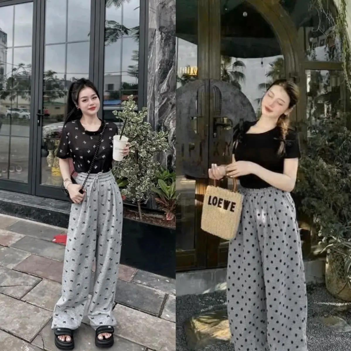 (có bigsize 100kg) Quần suông dài 105cm cạp cao in hoạ tiết vải tăm dày dặn (tặng scrunchies ngẫu nhiên)