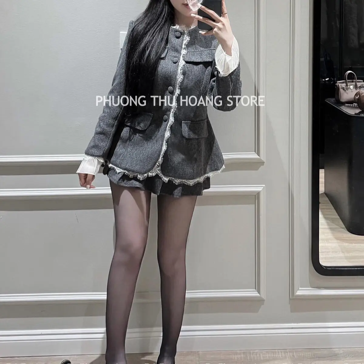 [BeebeeStore] set dạ ép cúc bọc mix ren xinh xỉu Top Women