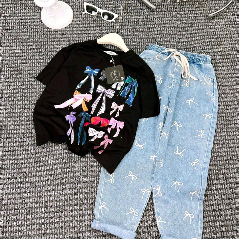 set jean dài nơ trắng đen dành cho bé gái 2