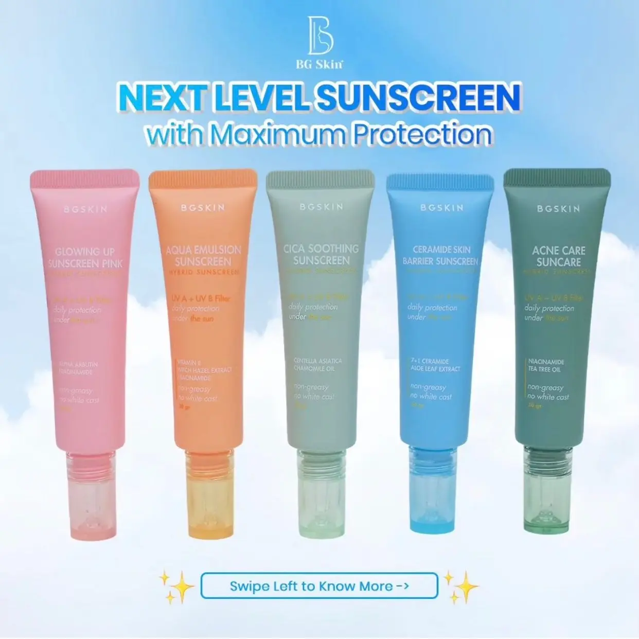 SUNSCREEN TERBARU BGSKIN CERAMIDE SKIN BARRIER SUNSCREEN BRIGHTENING PINK SUNSCREEN ACNE CARE SUNCARE AQUA EMULTION SUNSCREEN IVORY GLOW IVORY BG SKIN