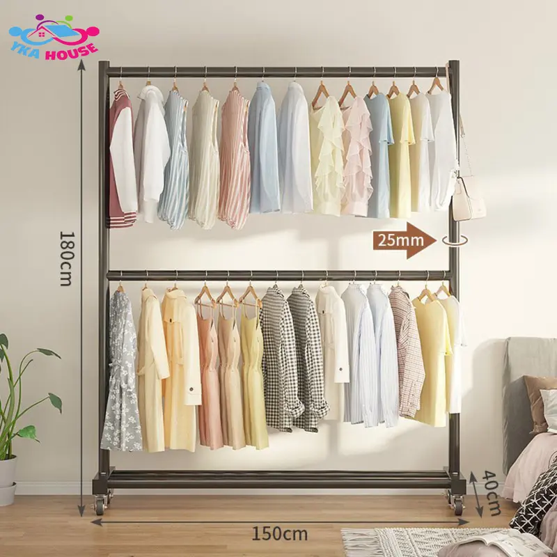 Kệ Quần Áo 2 Giàn Treo Có Bánh Xe Tiện Lợi YKA Khung Kim Loại Để Giày Dép Túi Xách coat  racks kephoi  quanao kệ  treo kệ  treo kệ  treo dàn  treo ketreo  quanao sào  treo treo  quần kệ  ráp treo  đồ ketreodo 0