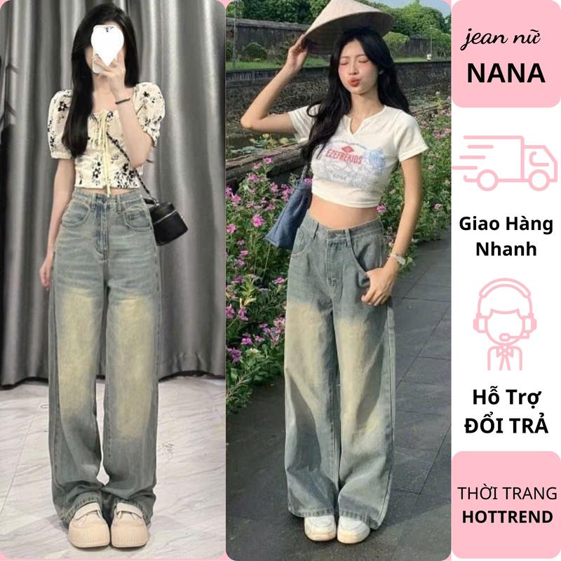 Quần jean nữ ống suông cạp cao màu xanh bụi quần bò nữ ống rộng chất vải loại 1 siêu hack dáng hottrend 2025
