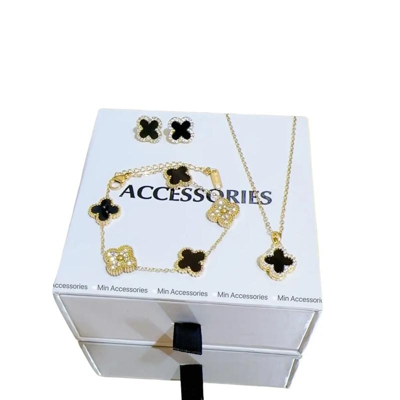  Set khuyên tai vòng cổ lắc tay cỏ 4 lá viền đá chất liệu titan cao cấp k đen k han gỉ Phụ kiện trang sức by Min Accessories Pin Dây Chuyền 