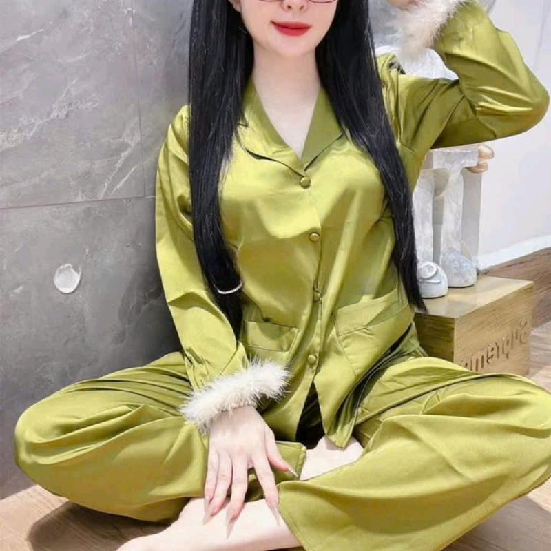 sét bộ lụa pijama lông vũ lụa latin tay dài 3 màu , free size 45_61 kg Áo Ngủ Nữ Quần Ngủ Women Voi Dài Tay 6