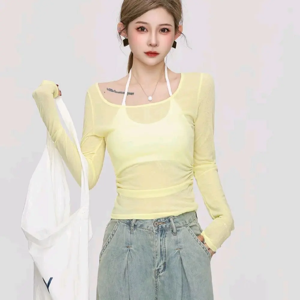 (Form dài) Set Áo thun giấy xuyên thấu phối yếm dáng ôm cổ tròn tay dài <55kg A199D Women