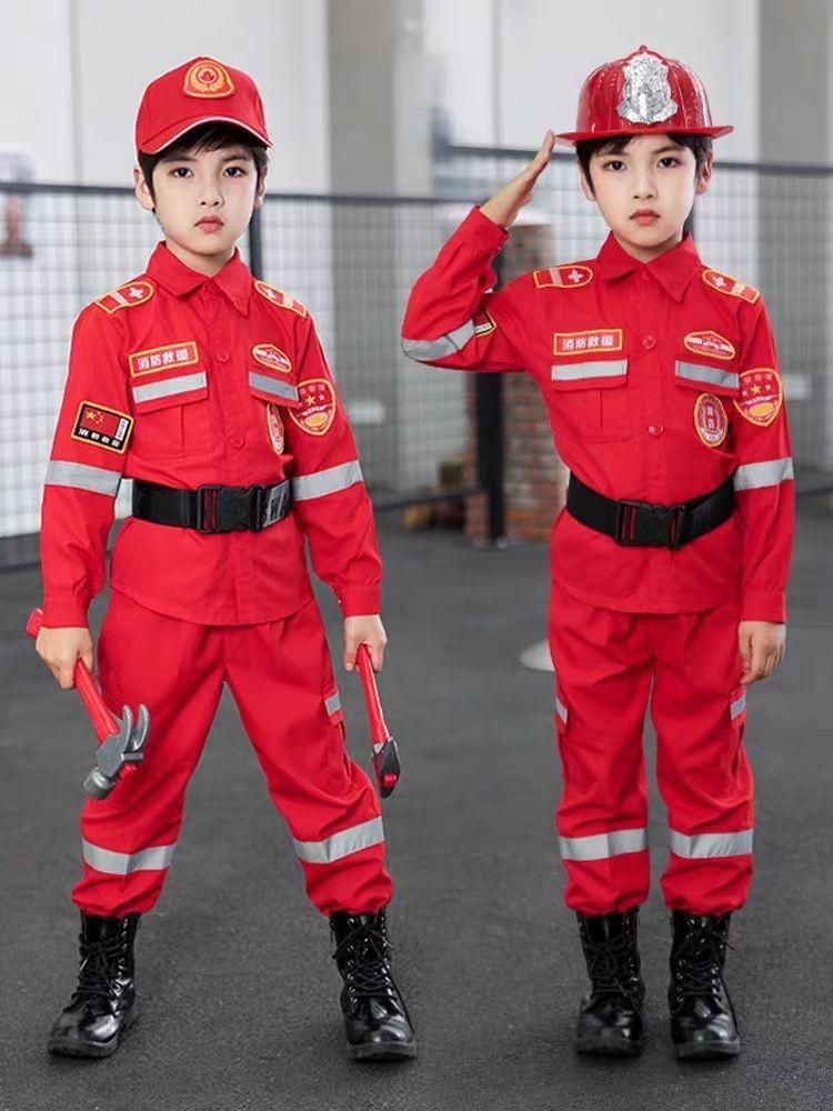 Product Introduction of Children's Fire Firefighter Costume Halloween Cosplay Costume Children's Business Suit 6