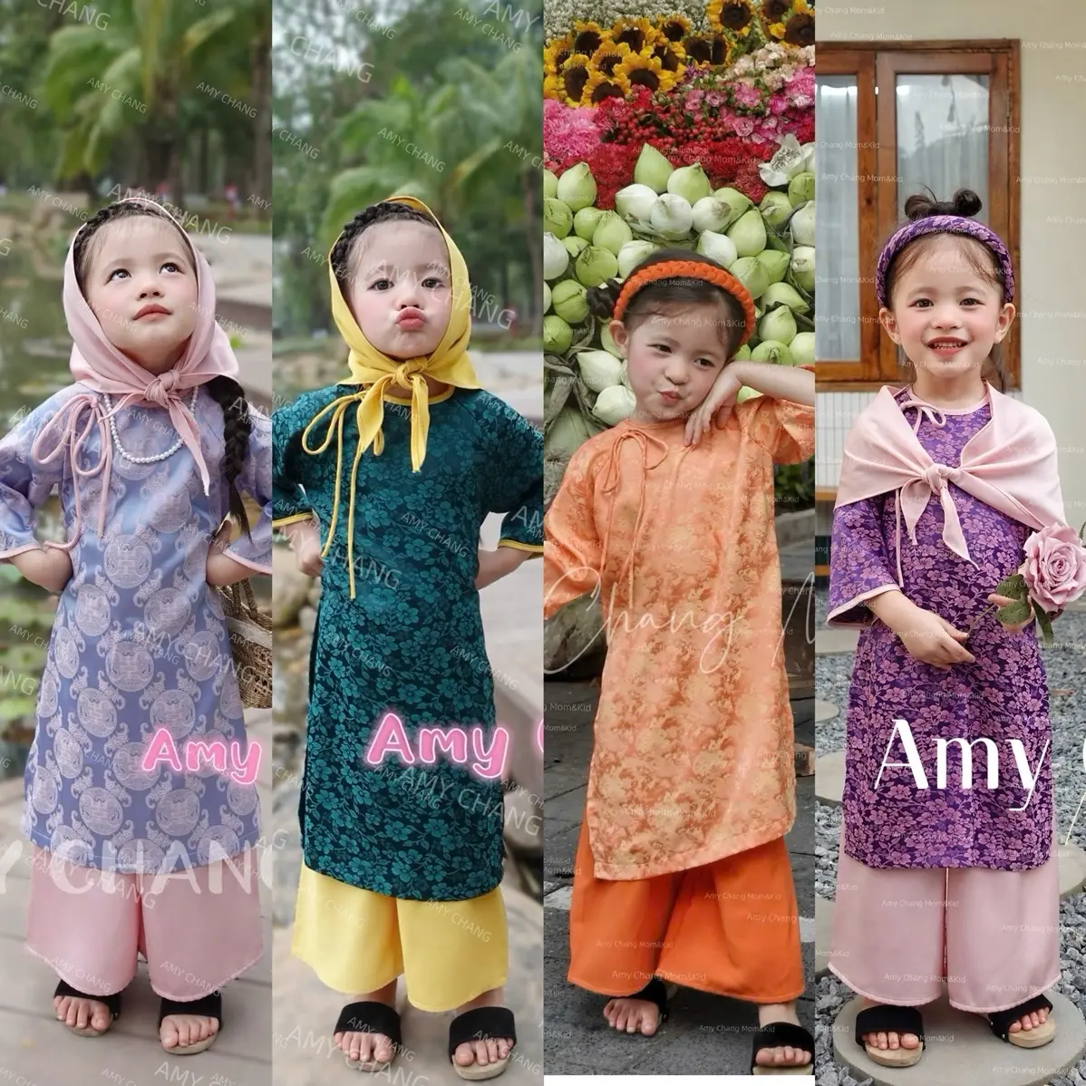 [Ảnh shop chụp Áo Dài TÂM AN Cổ Tròn chất liệu Gấm mềm mát siêu xinh dành cho bé gái 8-40kg