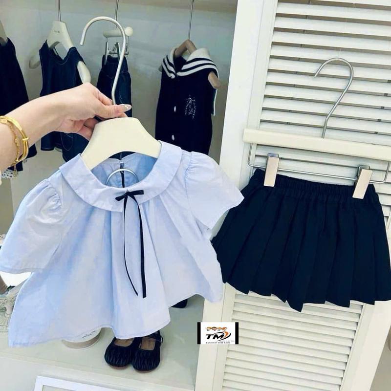 Nini kids - Sét áo kèm chân váy dập ly cho bé Gái chất vải thô mềm đủ size 8-35kg sơ mi xanh- hồng