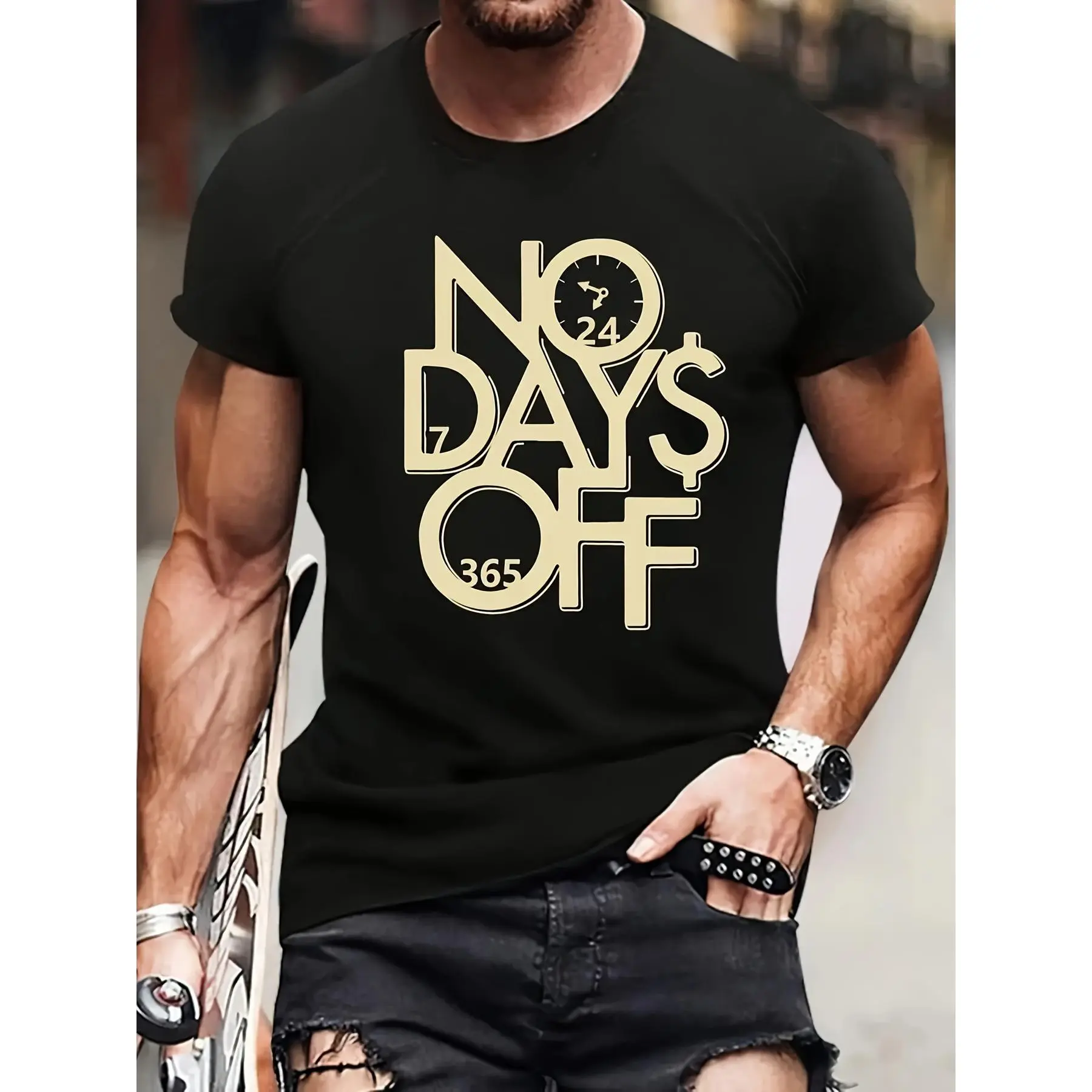 NO DAYS OFF Crew Neck T-shirt - 3D Digital Print, Casual Short Sleeve, Men's Novelty Tee for Summer Outing, Relaxed Fit, Breathable Fabric, Stylish Graphic Print