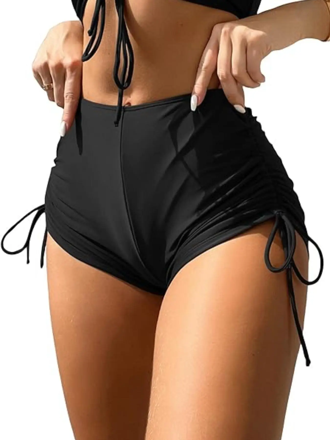 Women's Solid Ruched Drawstring Swim Shorts, Casual Comfy Swim Shorts for Summer, Fashion Women's Swimwear Bottoms for Beach Holiday Vacation