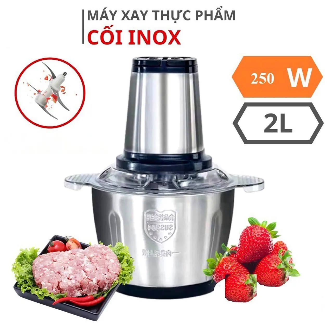 Máy Xay Thịt, Rau Củ Qủa, Dung Tích 2L, Cối Inox304