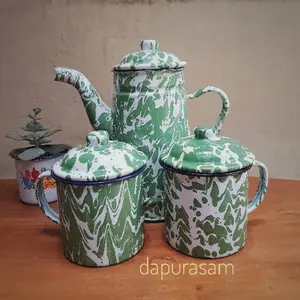 Set Teko Tinggi + 2 Mug Lurik 9cm Enamel Blek seng Vintage Tea tea  set