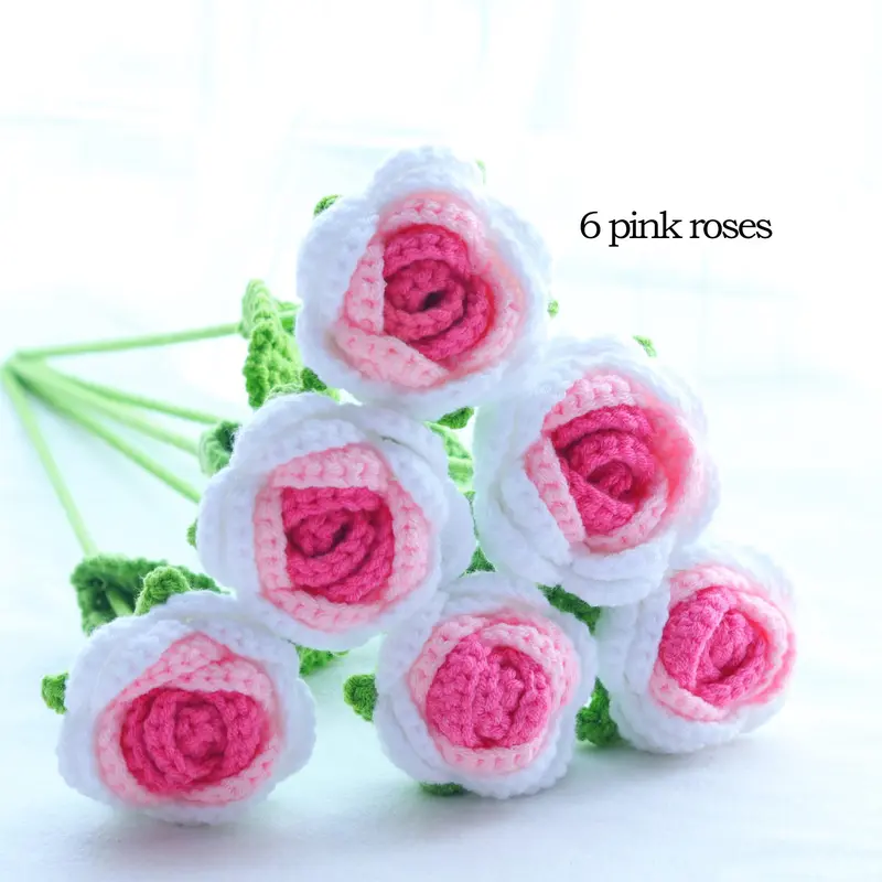 Gradual Change Crochet Rose, 3/6/10pcs Handmade Crochet Rose with Stem, Artificial Flower for Wedding Bridal Bouquet, Home Decor, Valentine's Day Gift Idea 5
