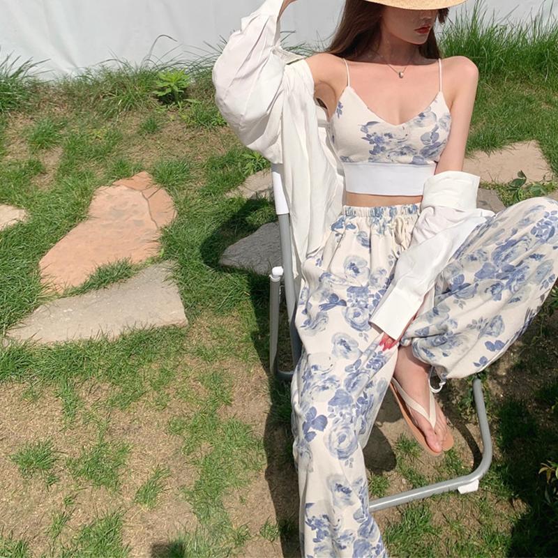 Women 2 Pieces Temperament Outfits, Floral Print V-Neck Spaghetti Strap Camisole + Drawstring Elastic Waist Long Pants Set 2