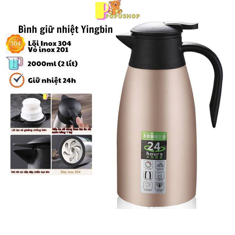 Bình giữ nhiệt inox 304 dung tích 2 lít YINGBIN có lõi inox 304 giữ nhiệt 24h ấm trà đen chồng rò rỉ ấm trà