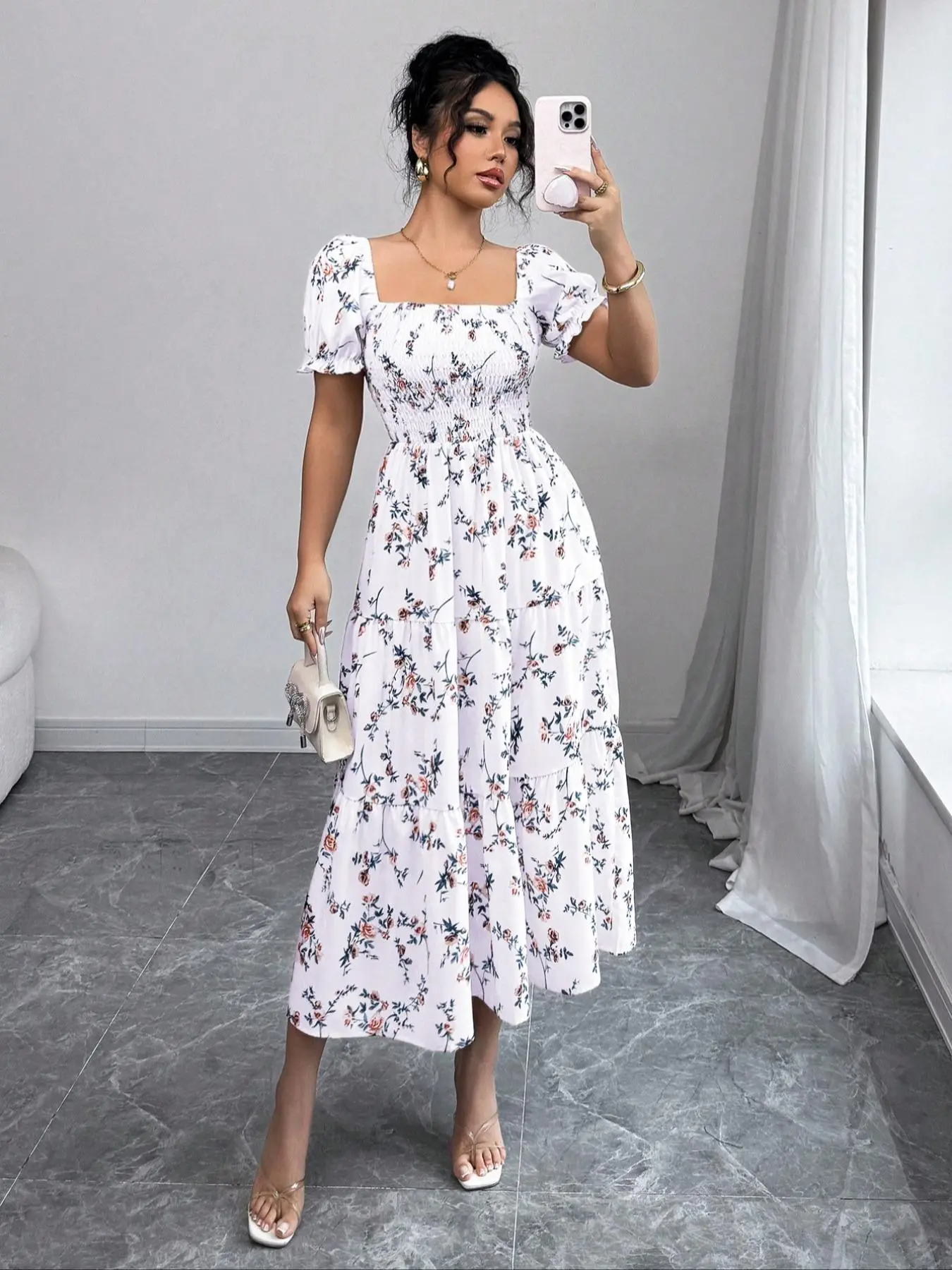 Women's Floral Print Puff Sleeve Shirred Ruffle Hem A Line Dress, Elegant Square Neck Short Sleeve Long Dress for Party Holiday Wedding Guest, Ladies Summer Clothes