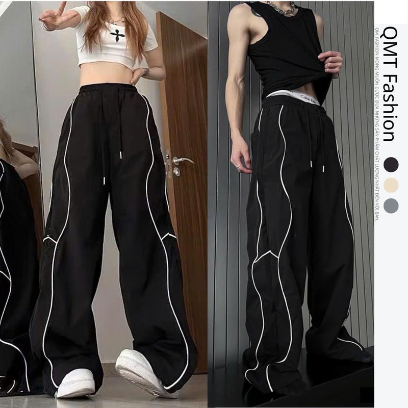 Quần kaki sọc ống rộng nam nữ unisex dây rút gấu có đầu chốt mặt vải rũ mịn mát đanh không xù lông quần dài ống suông 007