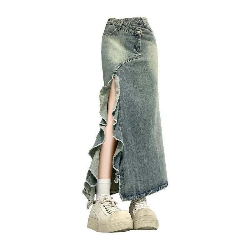 Chân Váy Denim Xẻ Tà Bất Đối Xứng Đuôi Cá, Phong Cách Cổ Điển Dành Cho Nữ, Màu Xanh Dương Cổ Điển Với Gợn Sóng Ren, Cạp Cao, Cỡ Nhỏ Gọn, Chân Váy Bodycon Cô Gái Nóng Bỏng, Năm 2024 3
