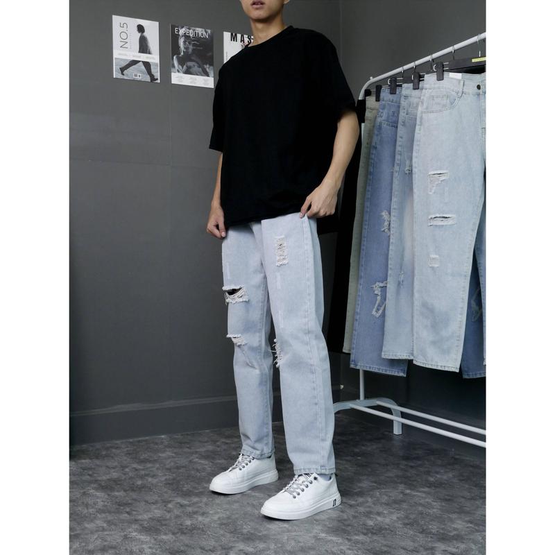  Quần jeans nam nữ rách dáng baggy suông màu xanh trắng nhạt mài rách xước gối đùi đẹp hà nội hcm Menswear Có Túi Pants 