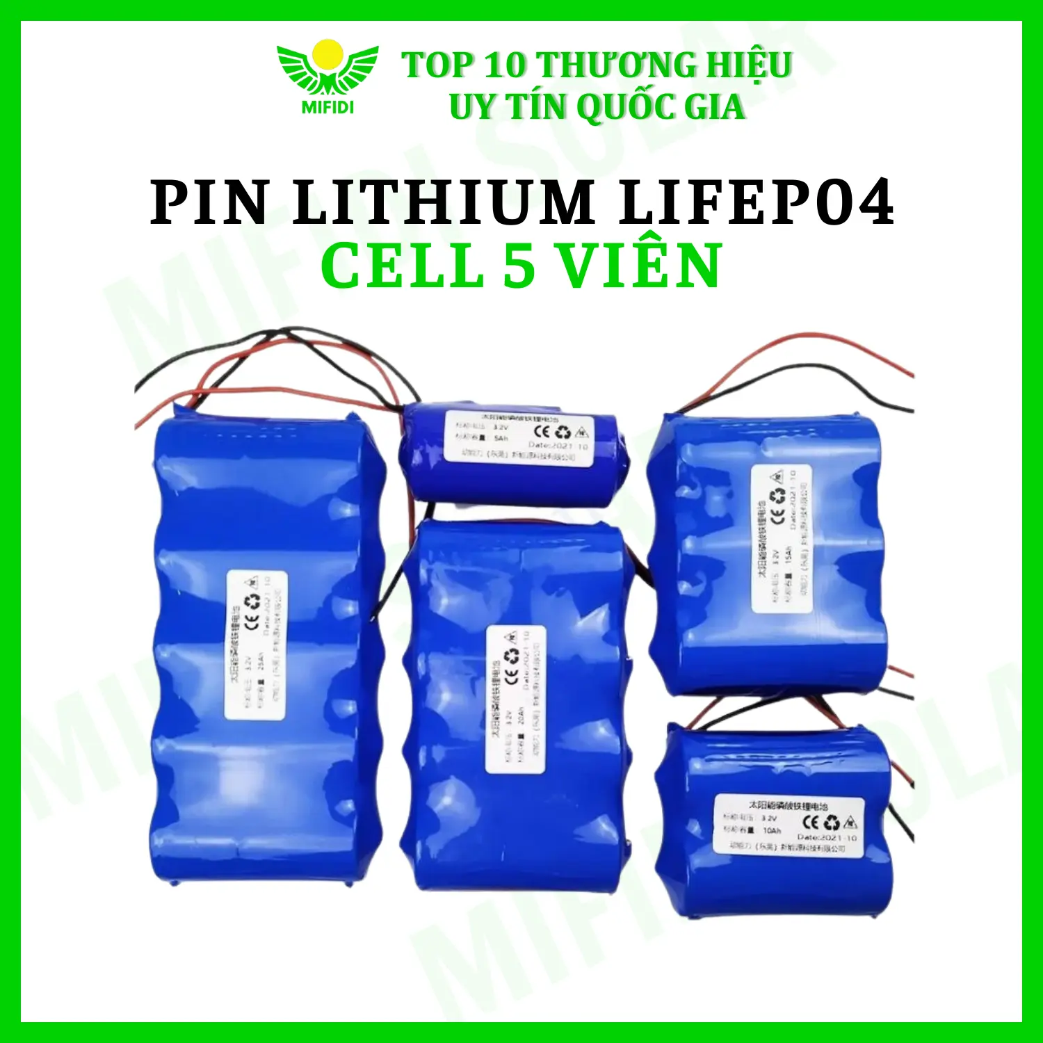 Pin Đèn Năng Lượng Mặt Trời 25.000mAh bộ 5 viên Lithium LiFePO4 3.2v MIFIDI Cho Đèn Năng Lượng Mặt Trời Các Loại, kèm mạch bảo vệ 1S Dùng Để Nâng Cấp, Thay Thế 5PIN25AH