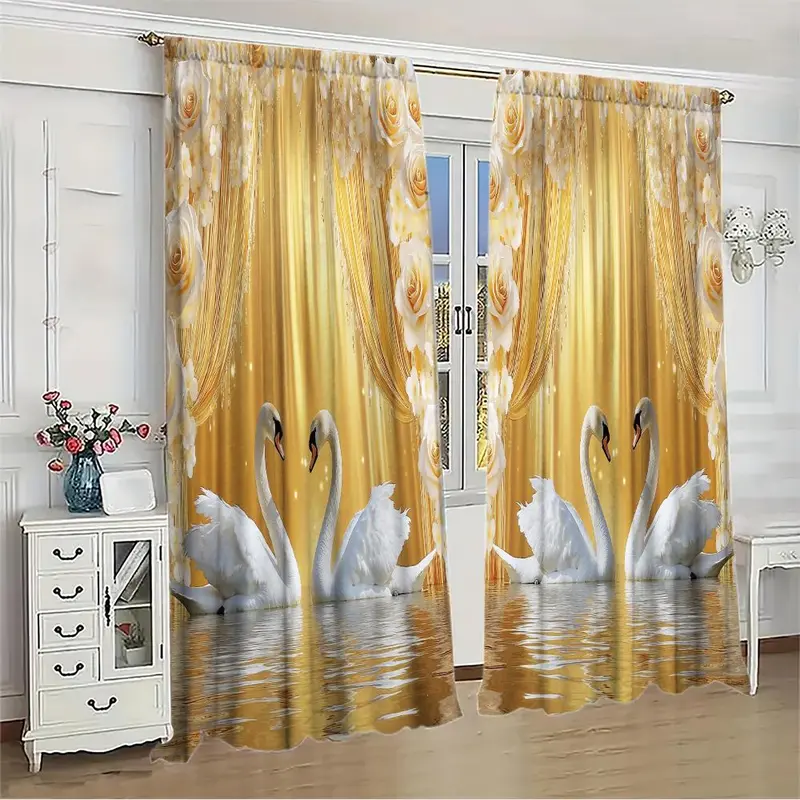 Swan Pattern Door Curtain, 1 Set Exquisite Printing Door Curtain with Tie Rope, Home Decor for Living Room Bedroom Hotel Bathroom 4