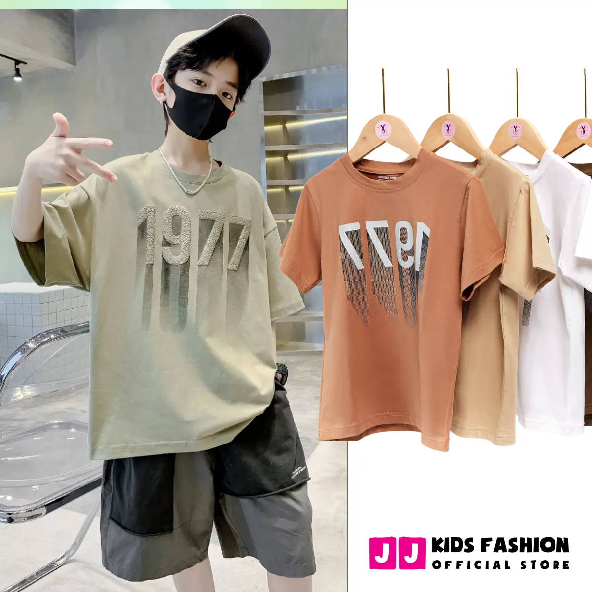 JJ Kids Fashion | Áo thun thời trang trẻ em Unisex, áo phông Vải Cotton cộc tay in hình 1977, cổ tròn cho bé size từ 15 - 45kg | Extra Shipping