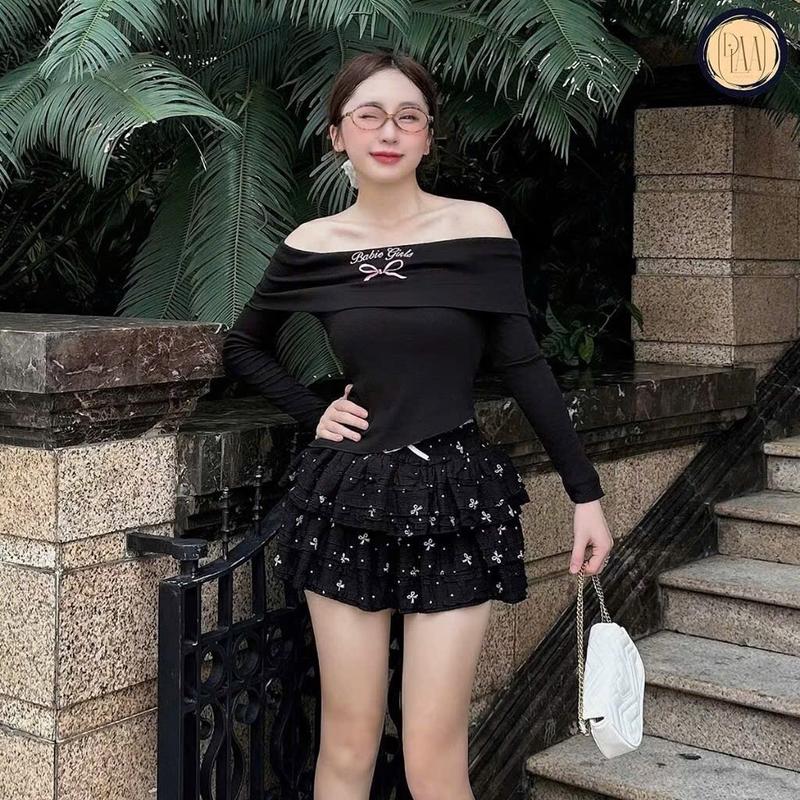 Áo trễ vai thêu nơ Mona siêu xinh chất tăm lạnh siêu đẹp - Trắng/Đen/Xám - Nữ, Top 2