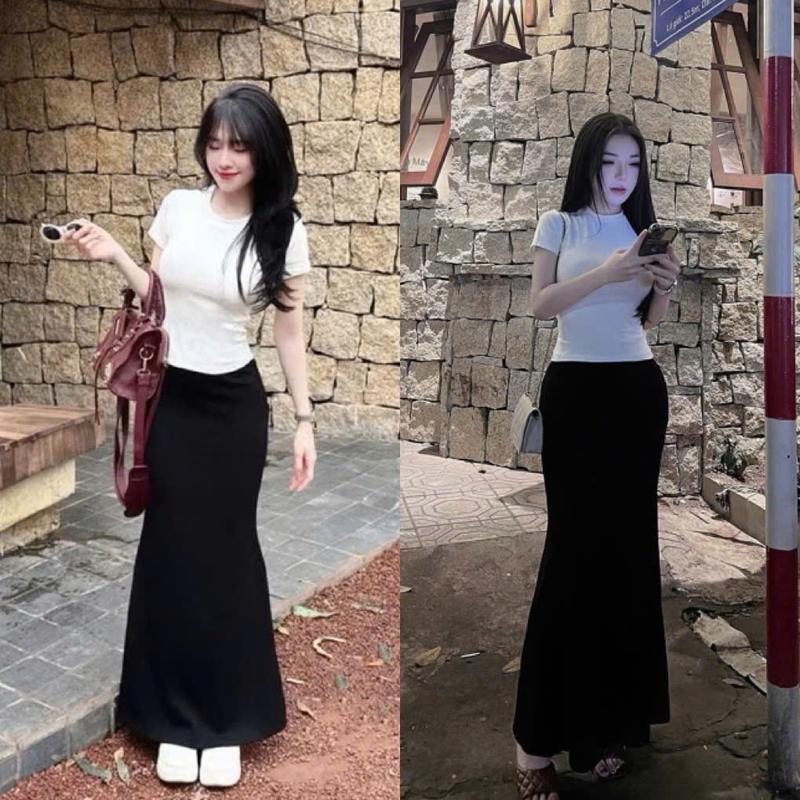 Set áo thun cổ tròn tay ngắn phối chân váy đuôi cá mặc tôn dáng - thun Ladong H08 set bộ , set nữ tôn dáng , set chân váy , set bộ nữ , set đi biển , set váy